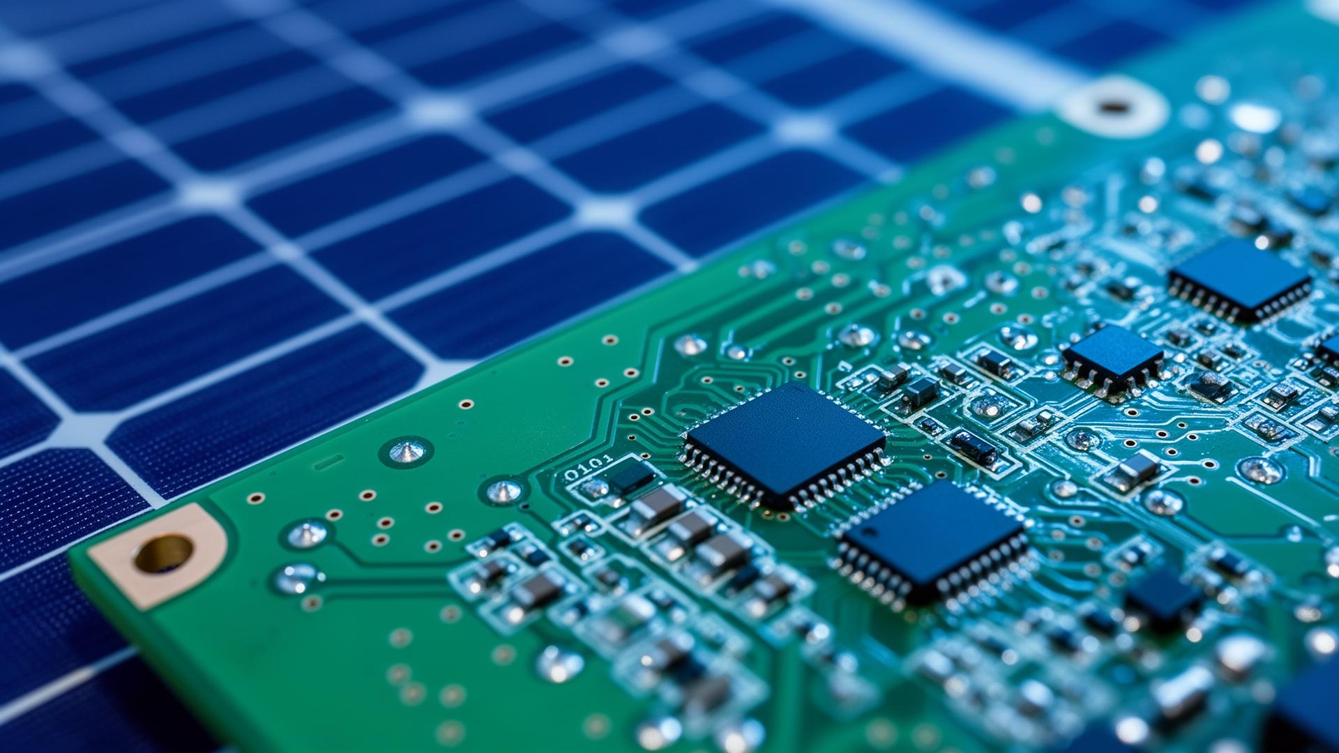 Leiterplatte mit SMD-Bauteilen vor Solarpanel