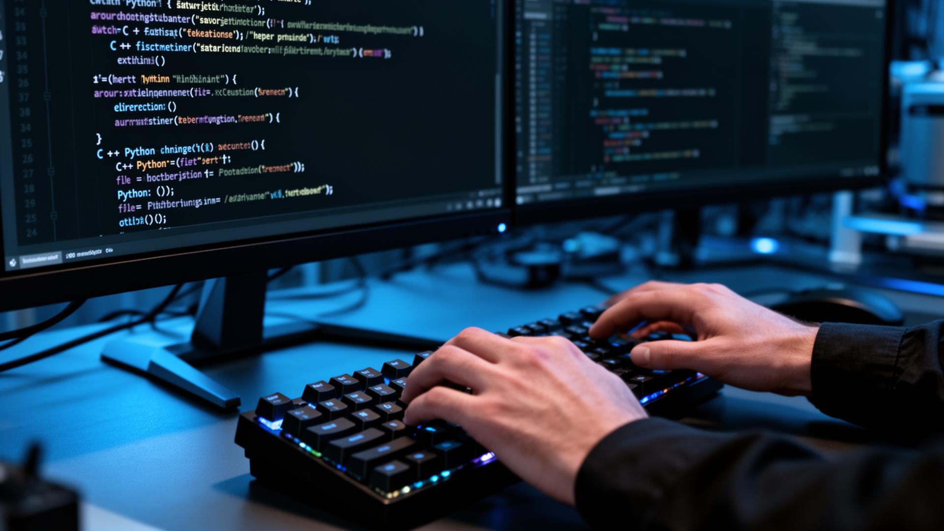 Software Development – C++ und Python Code auf Entwickler-Monitor